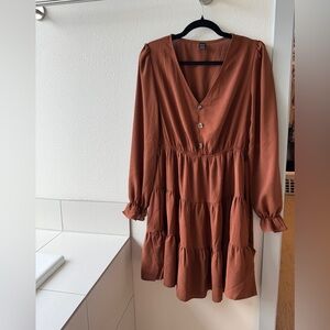 SHEIN Brown Long Sleeve Tiered Dress